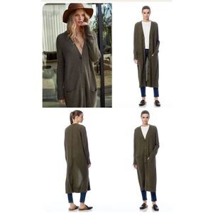 360 CASHMERE Gabriella Long Duster Cardigan Olive Green Small Maxi Length Button